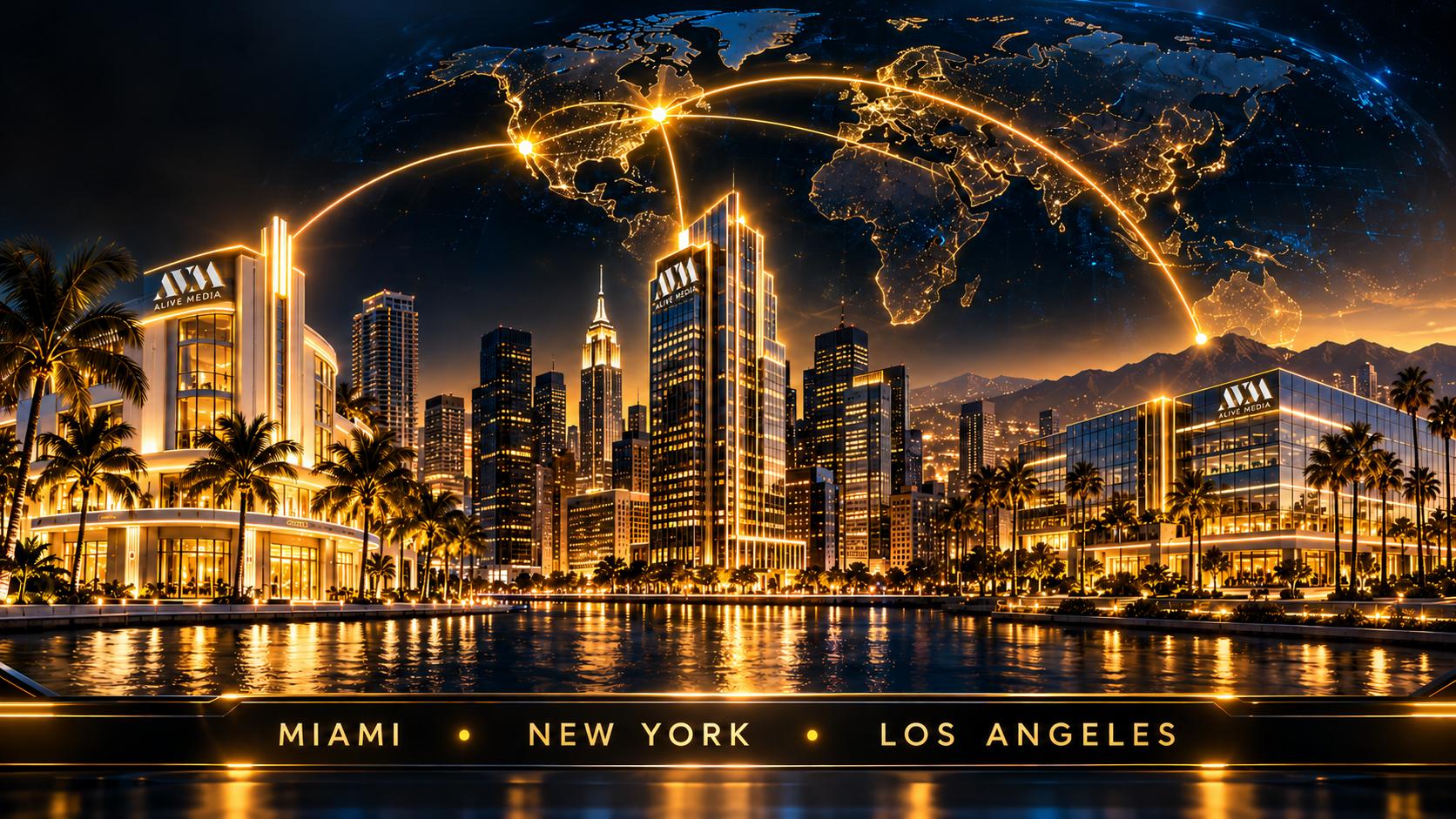 Concept visualization of AVM headquarters buildings in Miami, New York, and Los Angeles